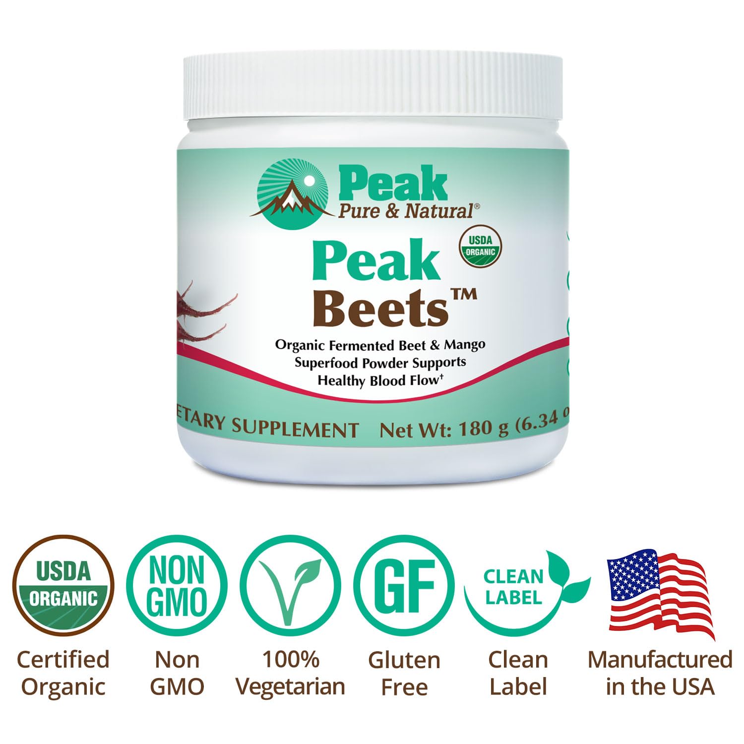 Peak Pure & Natural NSF-certified USA production badge signaling quality
