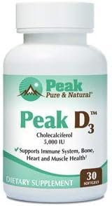 Peak Pure & Natural Peak D3 bottle highlighting daily vitamin D3 for immune support.