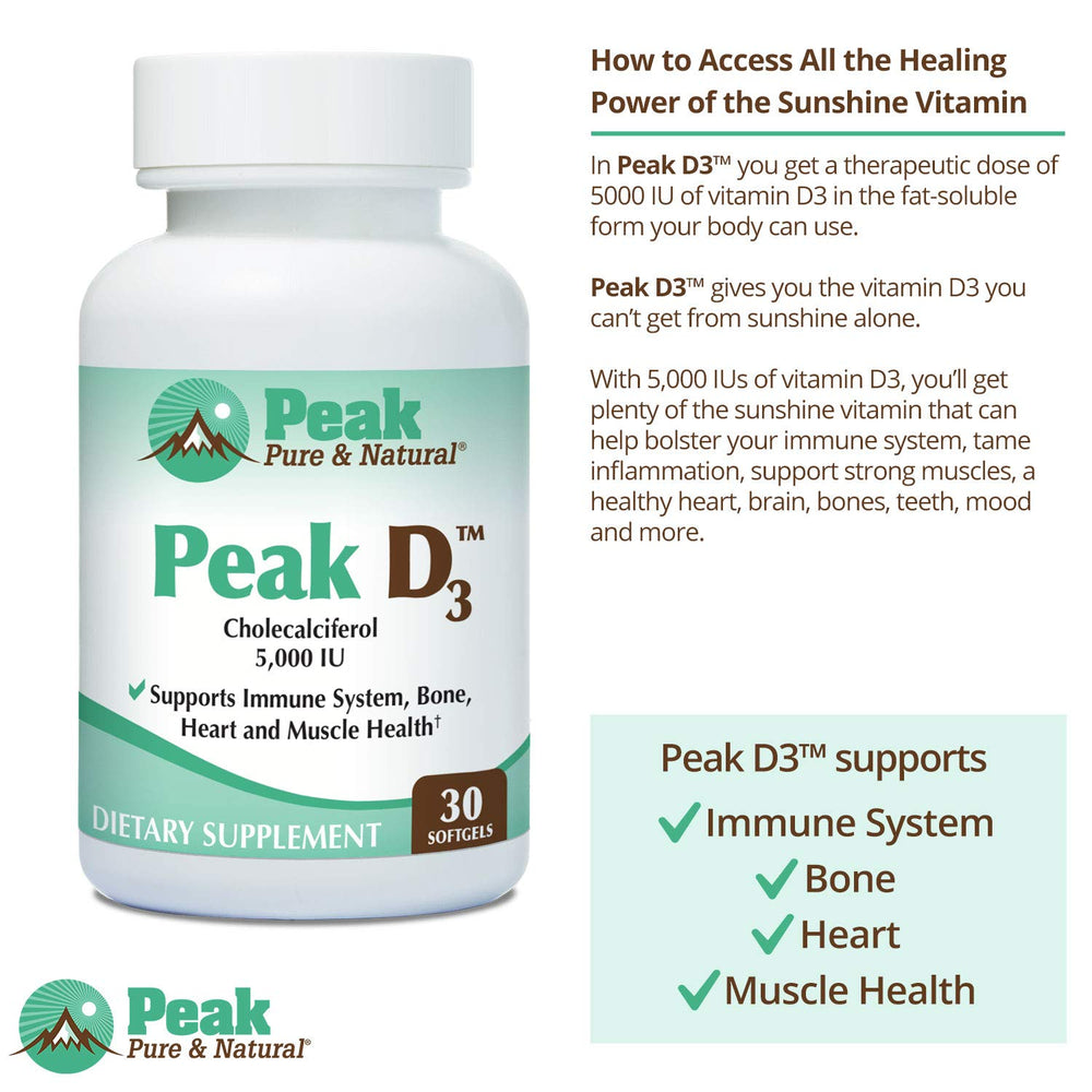Peak D3 label with nutrition facts and usage guidance from Peak Pure & Natural.