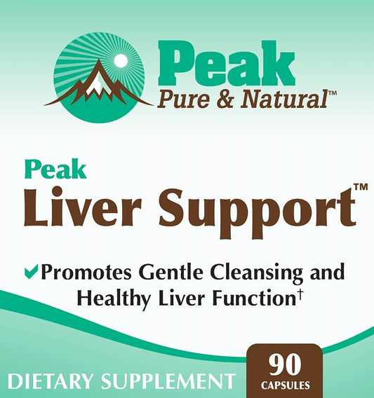 Peak Liver Support capsules closeup highlights milk thistle content for detox support.