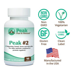 Peak Pure & Natural Peak #2 capsules and packaging shown for daily gut support