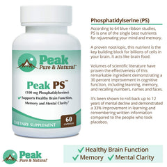 Peak Pure & Natural Peak PS packaging, 30-count softgels for regular brain health support.
