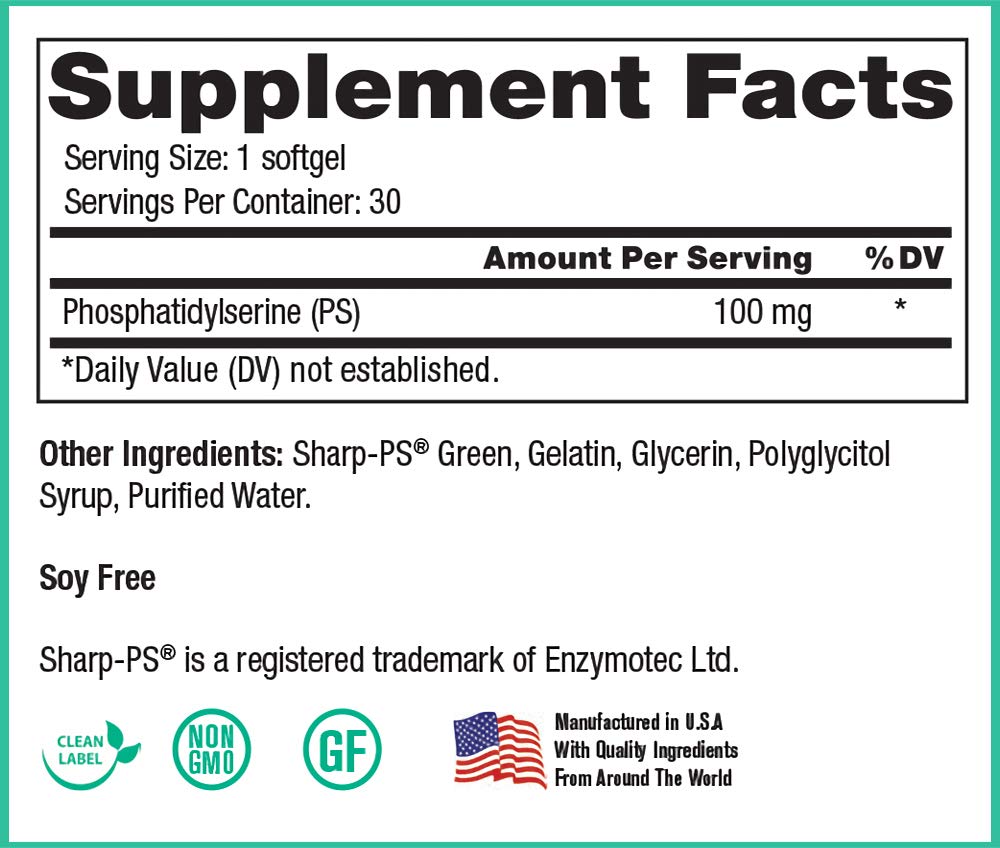 Peak Pure & Natural Peak PS softgels closeup, 100 mg phosphatidylserine for cognitive clarity.