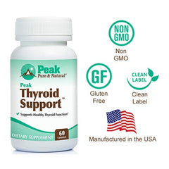 Peak Pure & Natural Thyroid Support USA facility seal indicating quality manufacturing.
