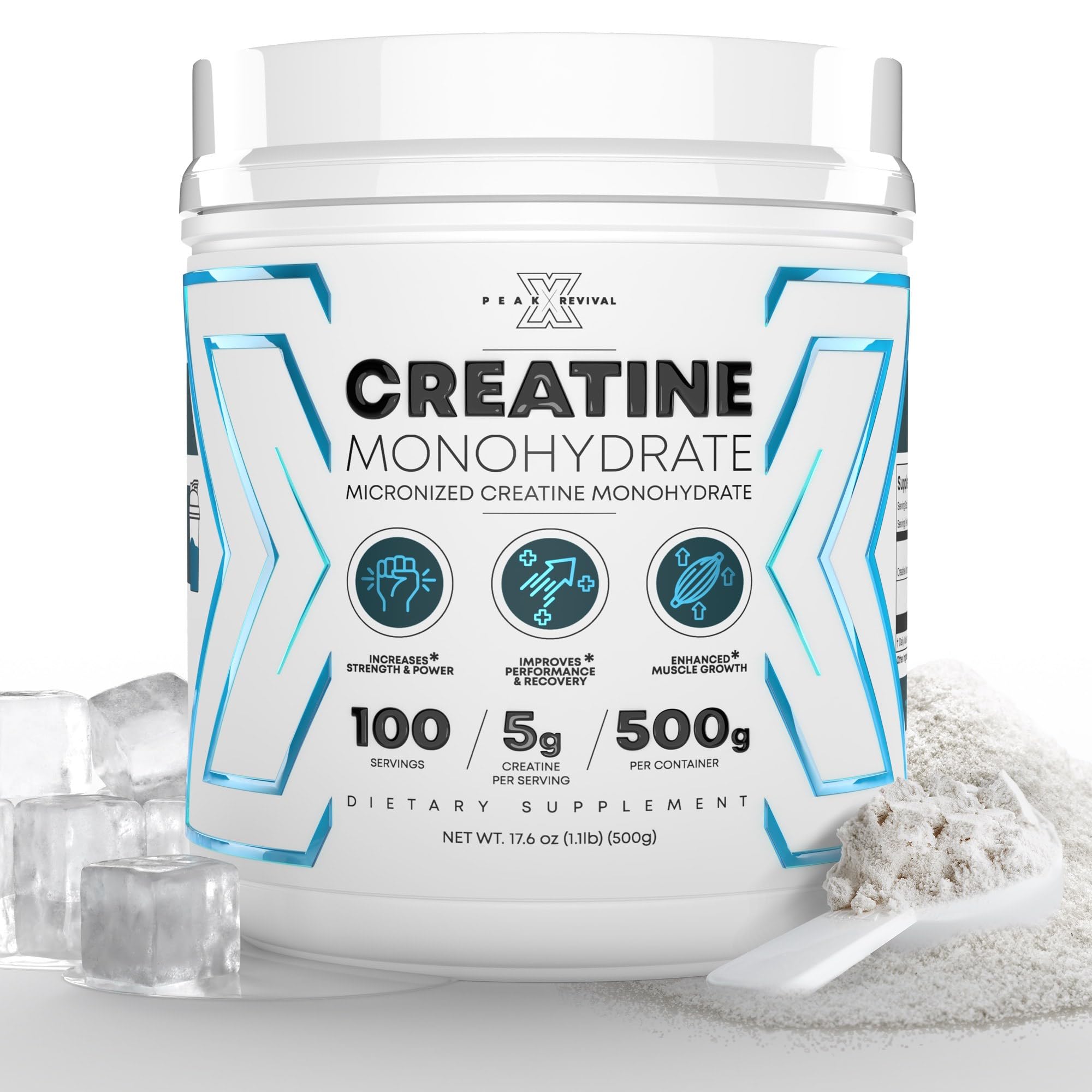 Peak Revival-X creatine monohydrate powder jar for strength and endurance