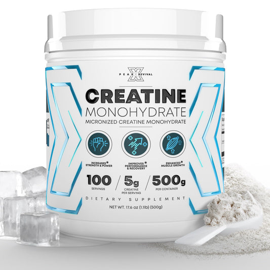 Peak Revival-X creatine monohydrate powder jar for strength and endurance