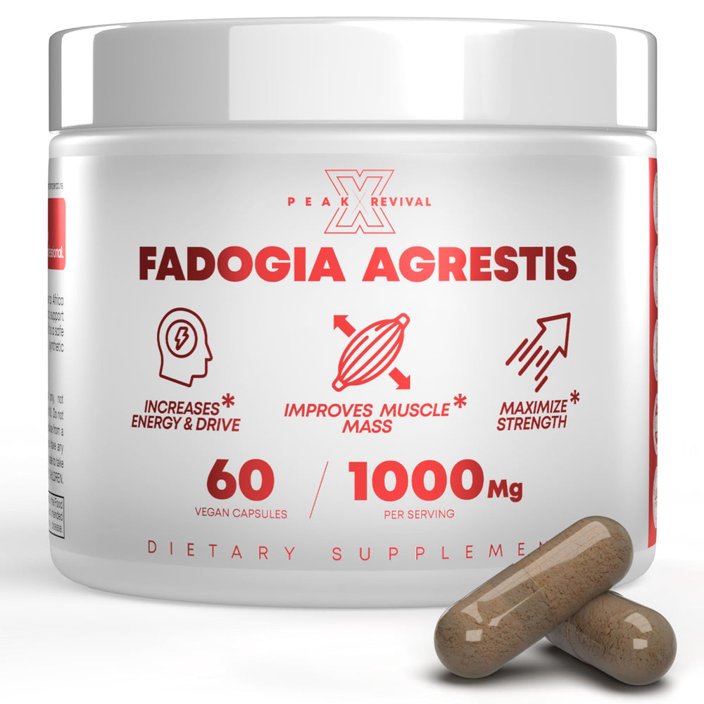 Peak Revival-X Fadogia 1000mg bottle supports daily energy and training readiness.