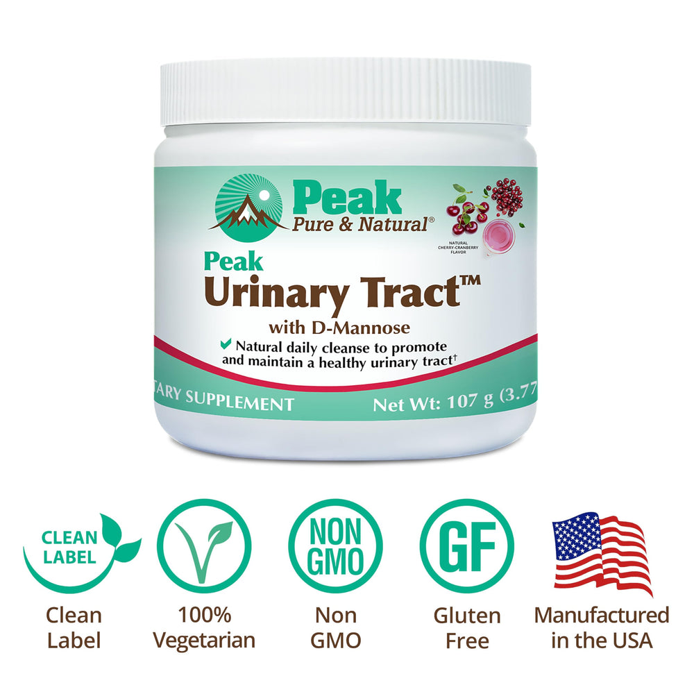 Peak Urinary Tract Powder packaging highlights vegan, gluten-free, USA-made quality.