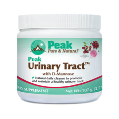 Peak Urinary Tract Supplement Powder bottle label shows cranberry-D-mannose blend for daily urinary support.