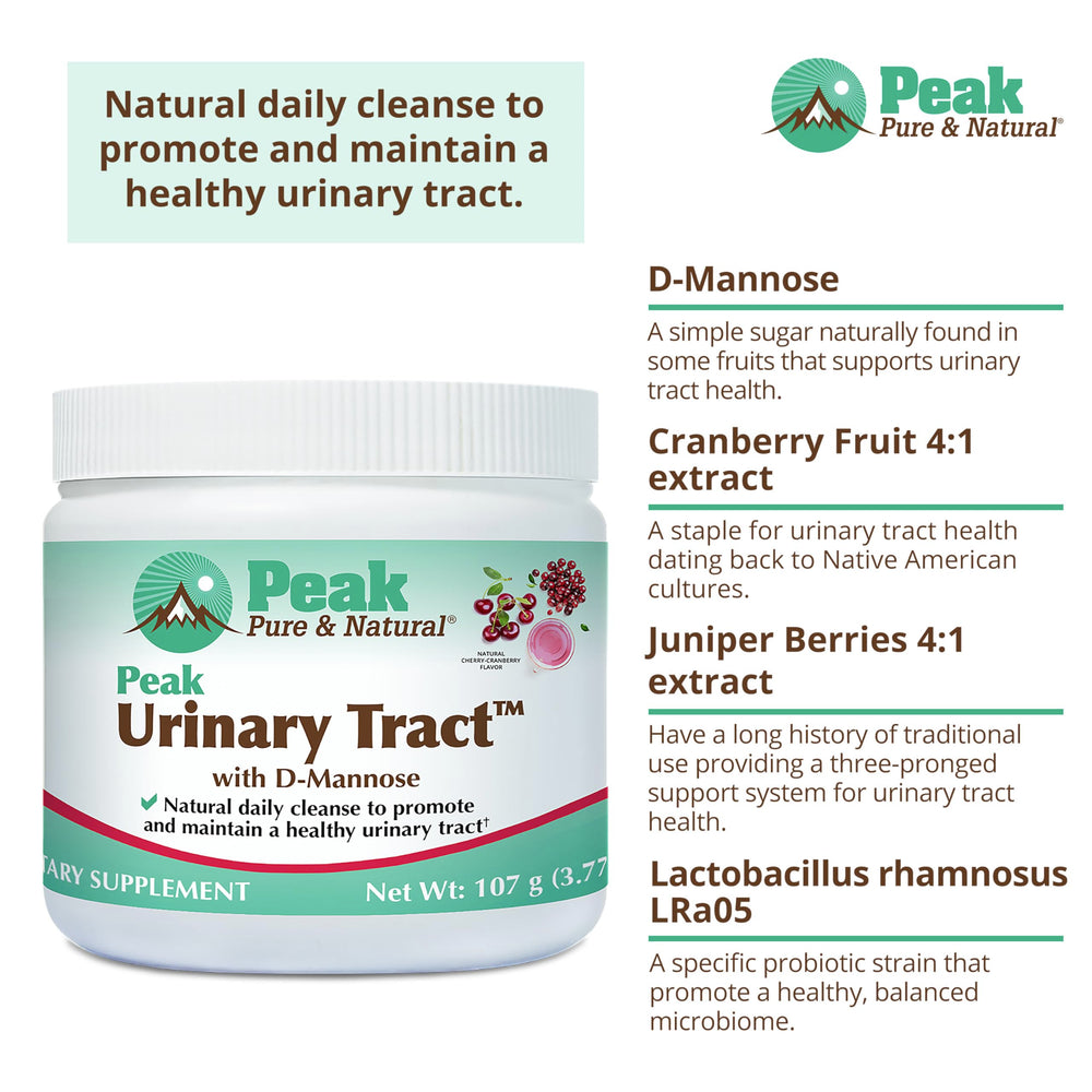 Peak Urinary Tract Powder with D-Mannose and cranberry, ready with a dosing scoop.