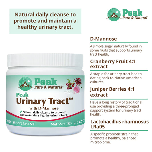 Peak Urinary Tract Powder with D-Mannose and cranberry, ready with a dosing scoop.