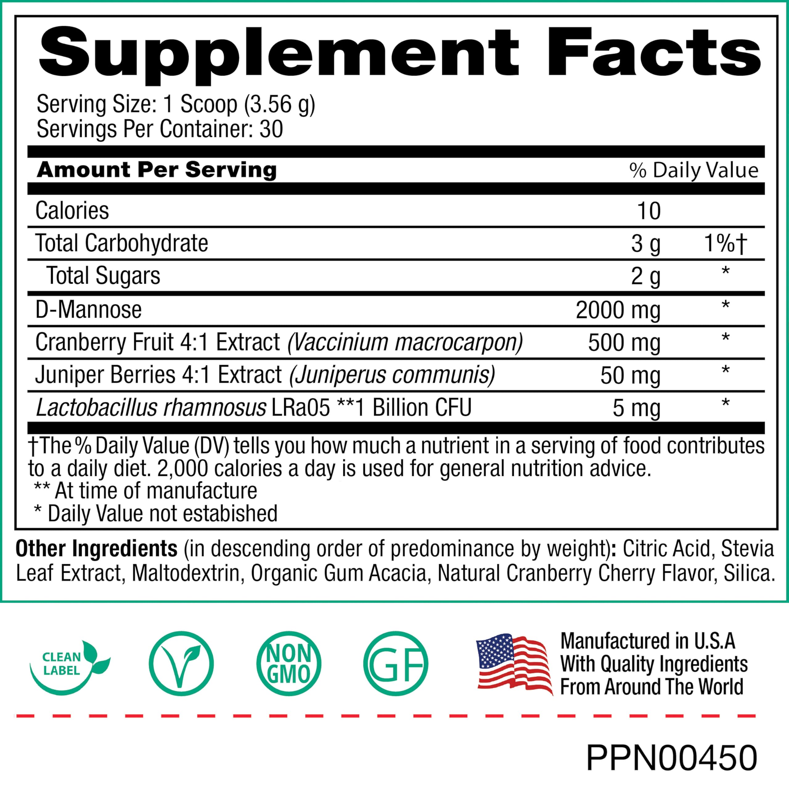 Peak Urinary Tract Powder shows probiotic LRr05 with 1 billion CFU for microbiome balance.