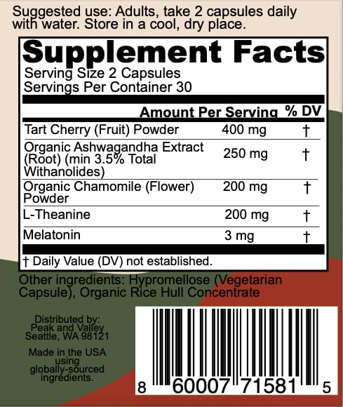 Peak + Valley sleep aid ingredients showing melatonin and L-theanine.