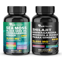 Peakhealth Shilajit Sea Moss bottle ready for daily energy and wellness routines.