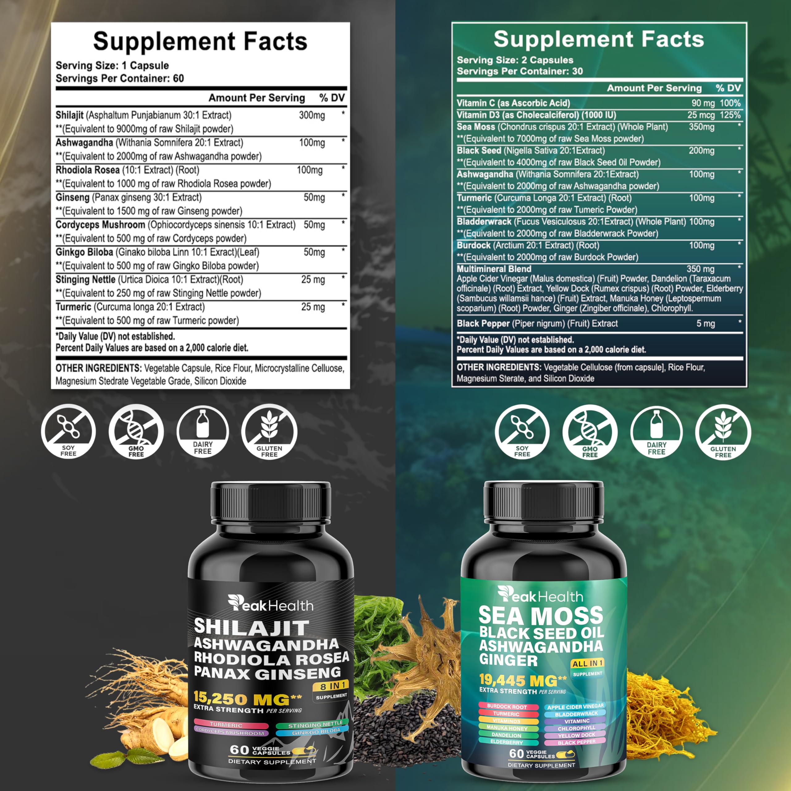 Peakhealth Shilajit Sea Moss capsules for convenient daily use.