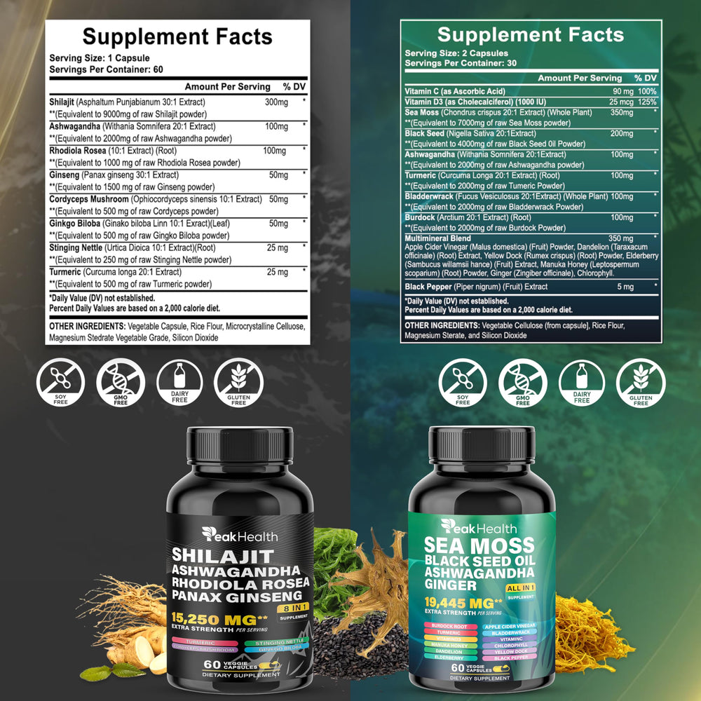 Peakhealth Shilajit Sea Moss capsules for convenient daily use.