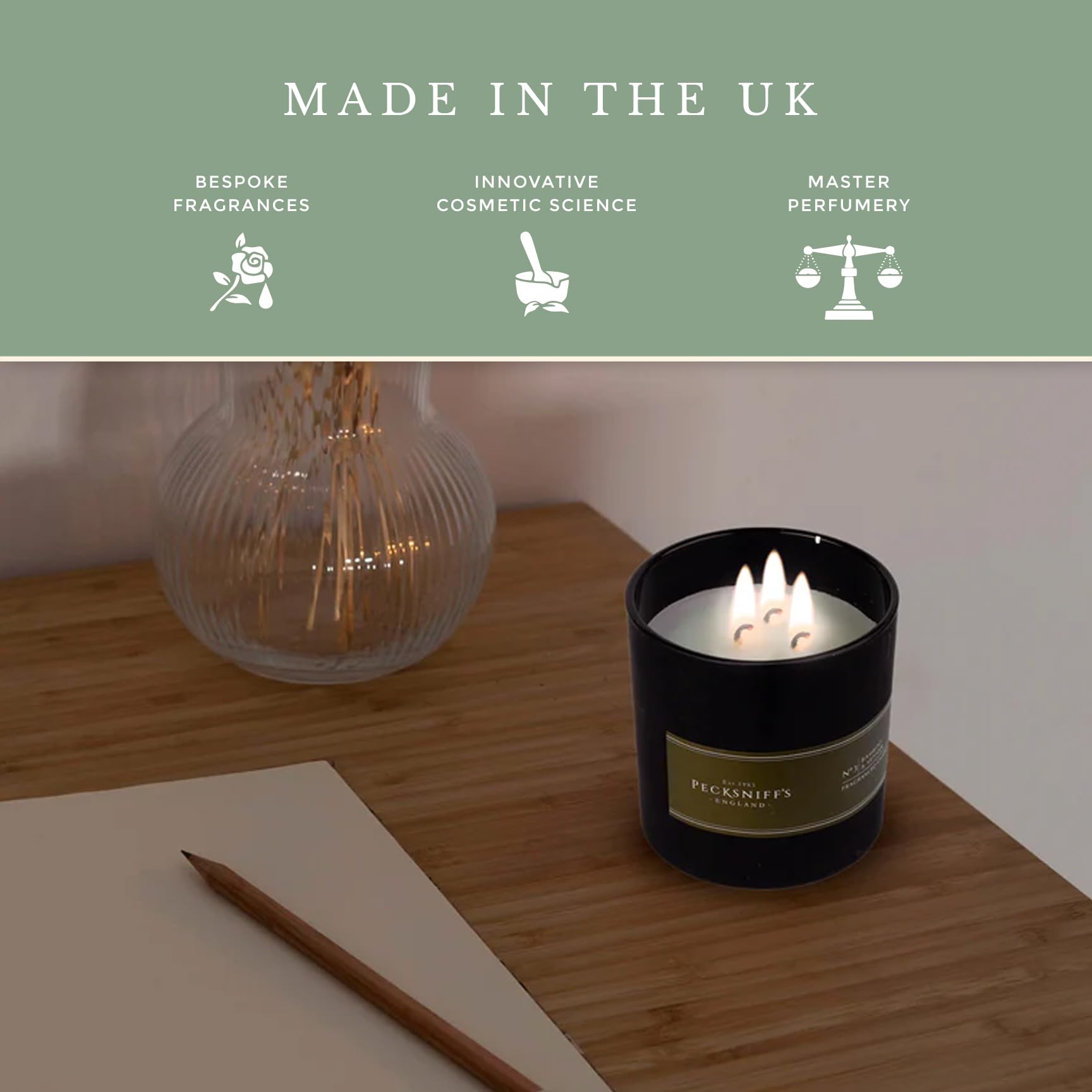 Pecksniff's candle in a room showcases warm ambience and mood-enhancing fragrance.