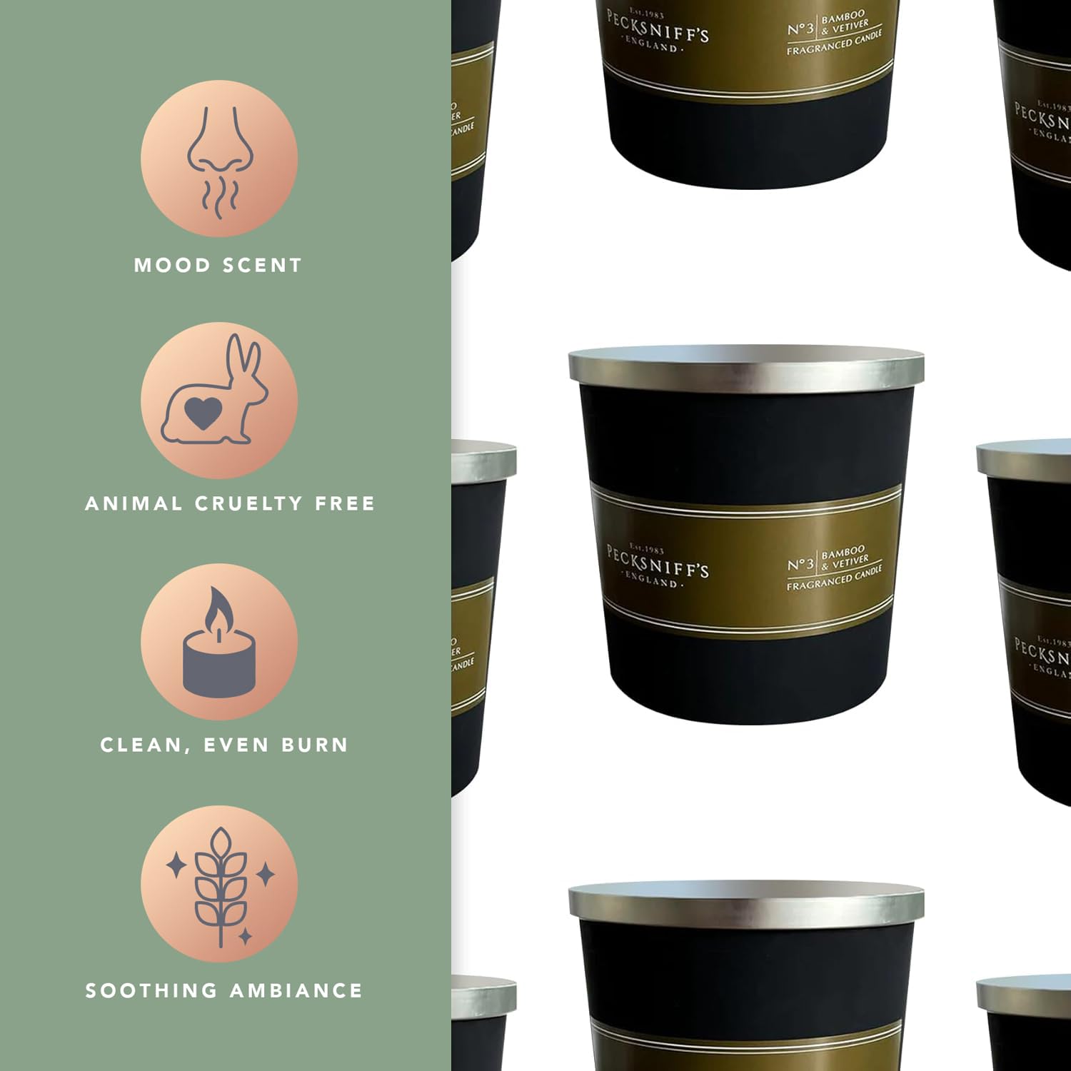 Pecksniff's Black Tall candle with three wicks offers a long-lasting, even aroma.