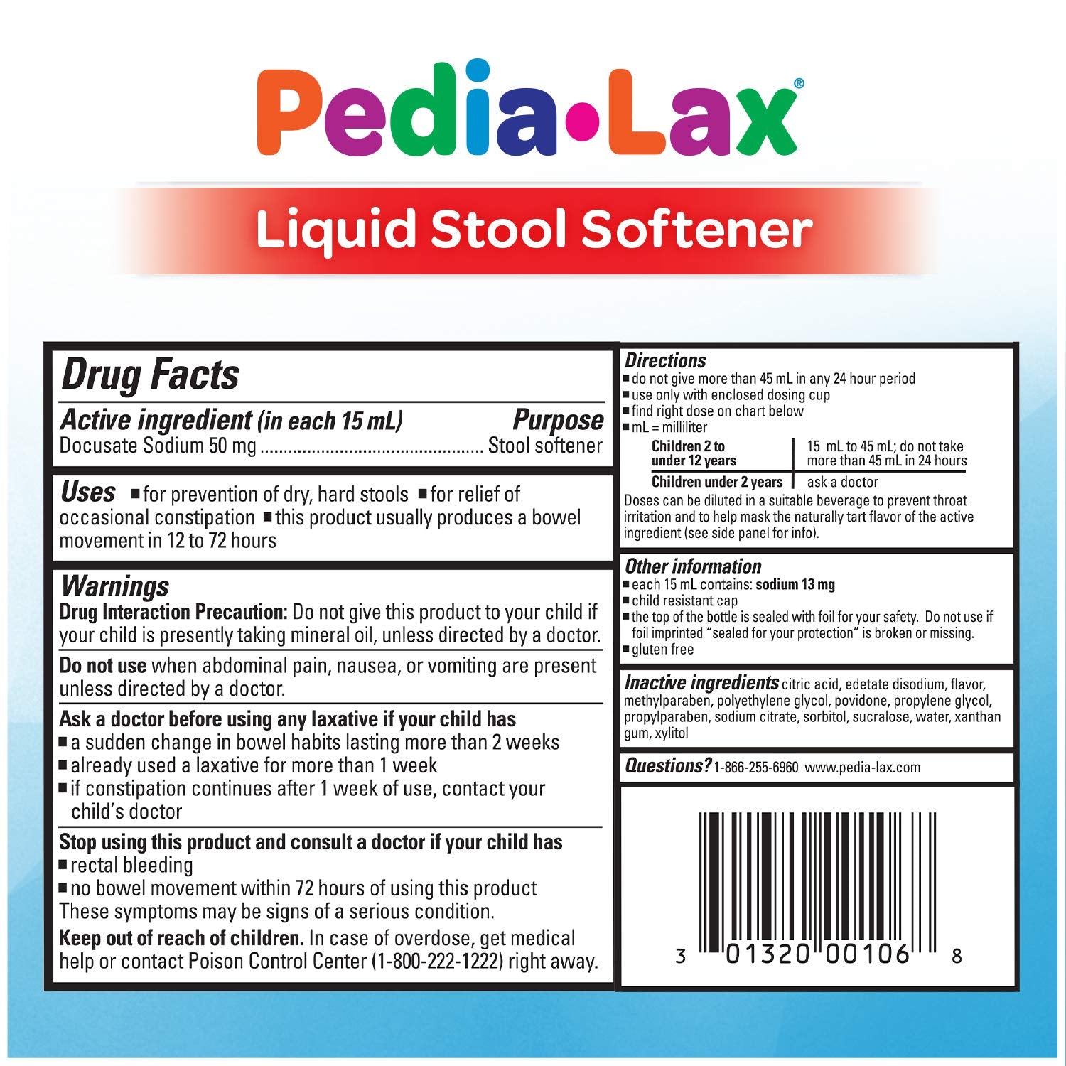 Pedia-Lax bottle pictured with milk or juice to mix for easy dosing.