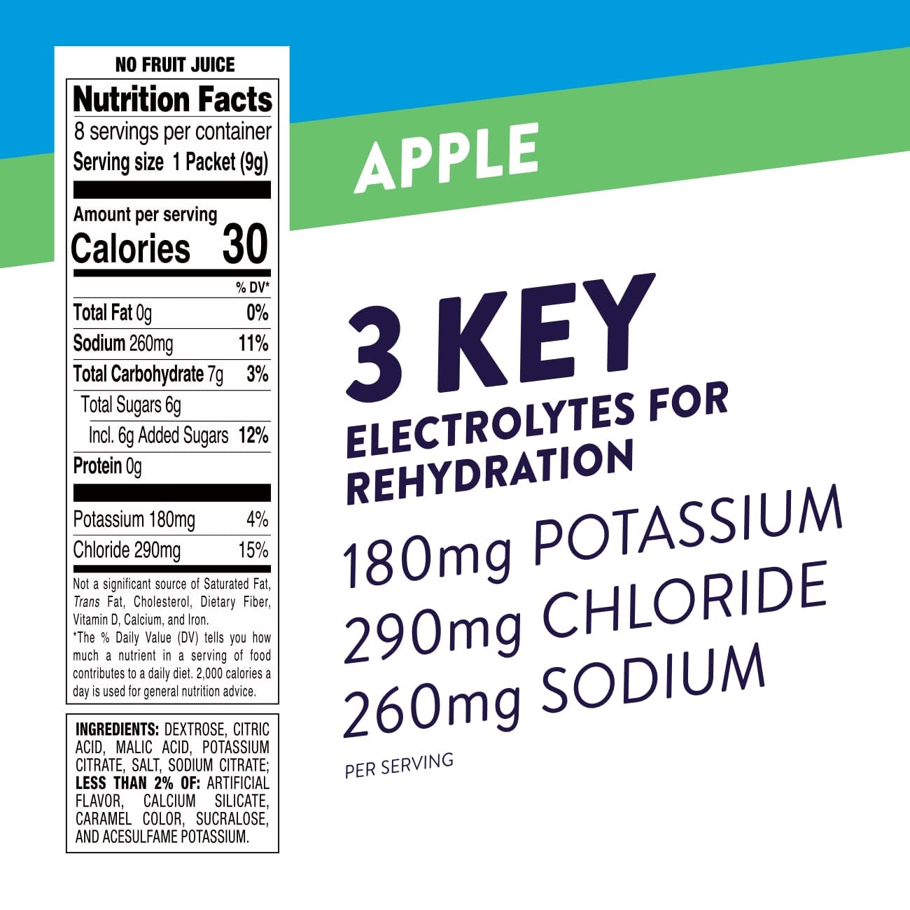 Pedialyte apple flavor powder packets for convenient hydration after workouts.