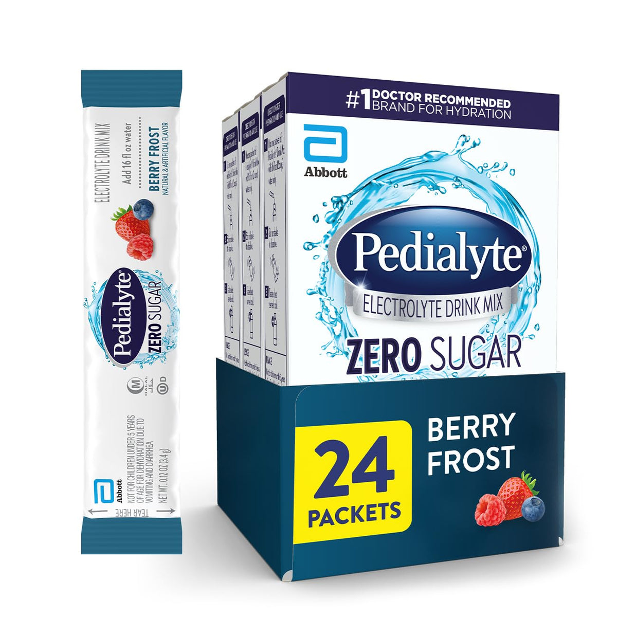 Pedialyte Berry Frost powder pack ready for quick hydration after workouts.