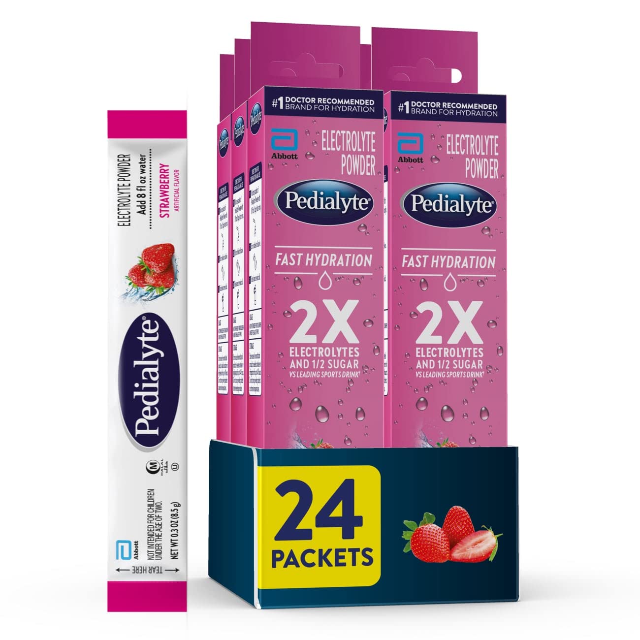 Pedialyte fast hydration packets in strawberry, easy to mix for quick rehydration.