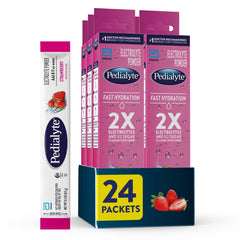 Pedialyte fast hydration packets in strawberry, easy to mix for quick rehydration.