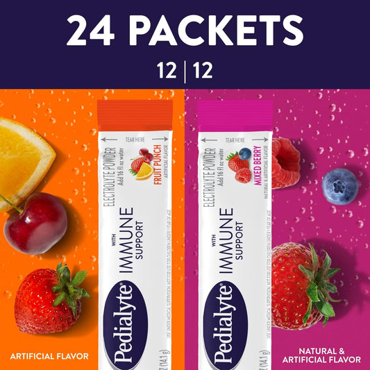 Pedialyte Immune Support mixed berry packet with immune nutrients.