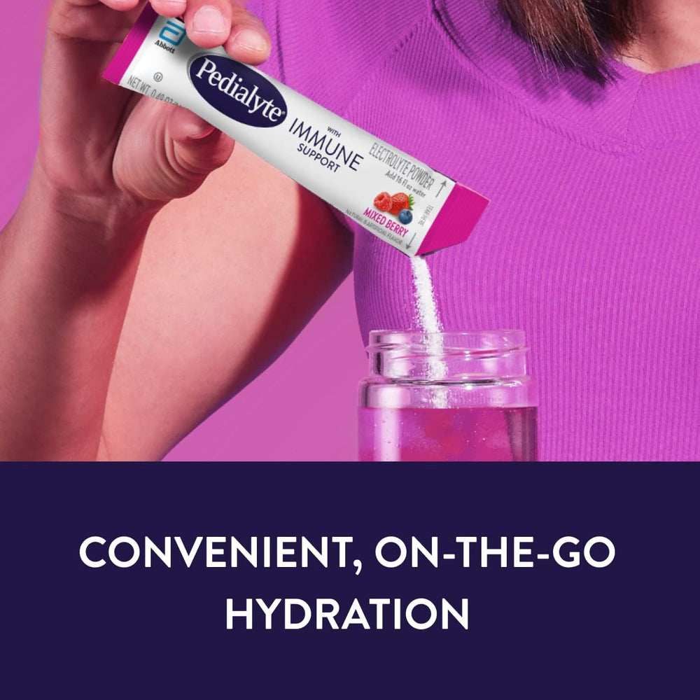 Pedialyte Immune Support packaging highlights flavor variety.