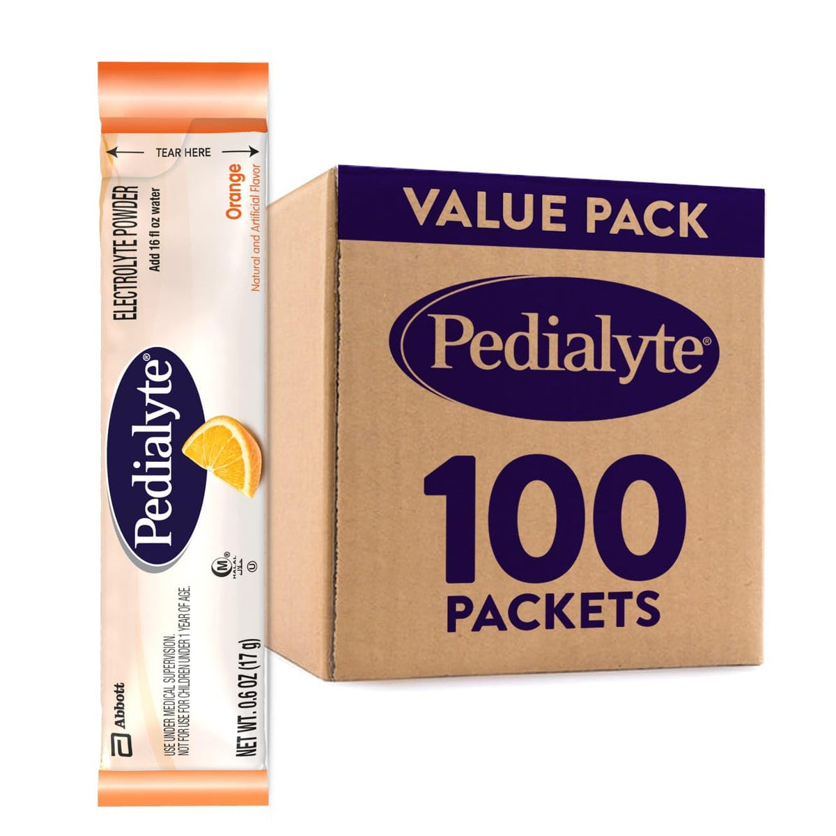 Pedialyte orange powder packet ready for quick hydration on the go.
