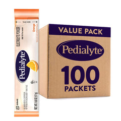 Pedialyte orange powder packet ready for quick hydration on the go.
