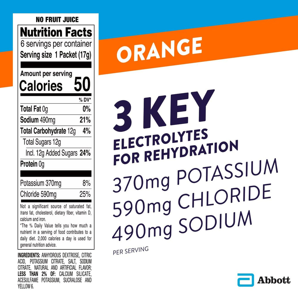 Pedialyte orange powder packet in travel kit for hot weather hydration.