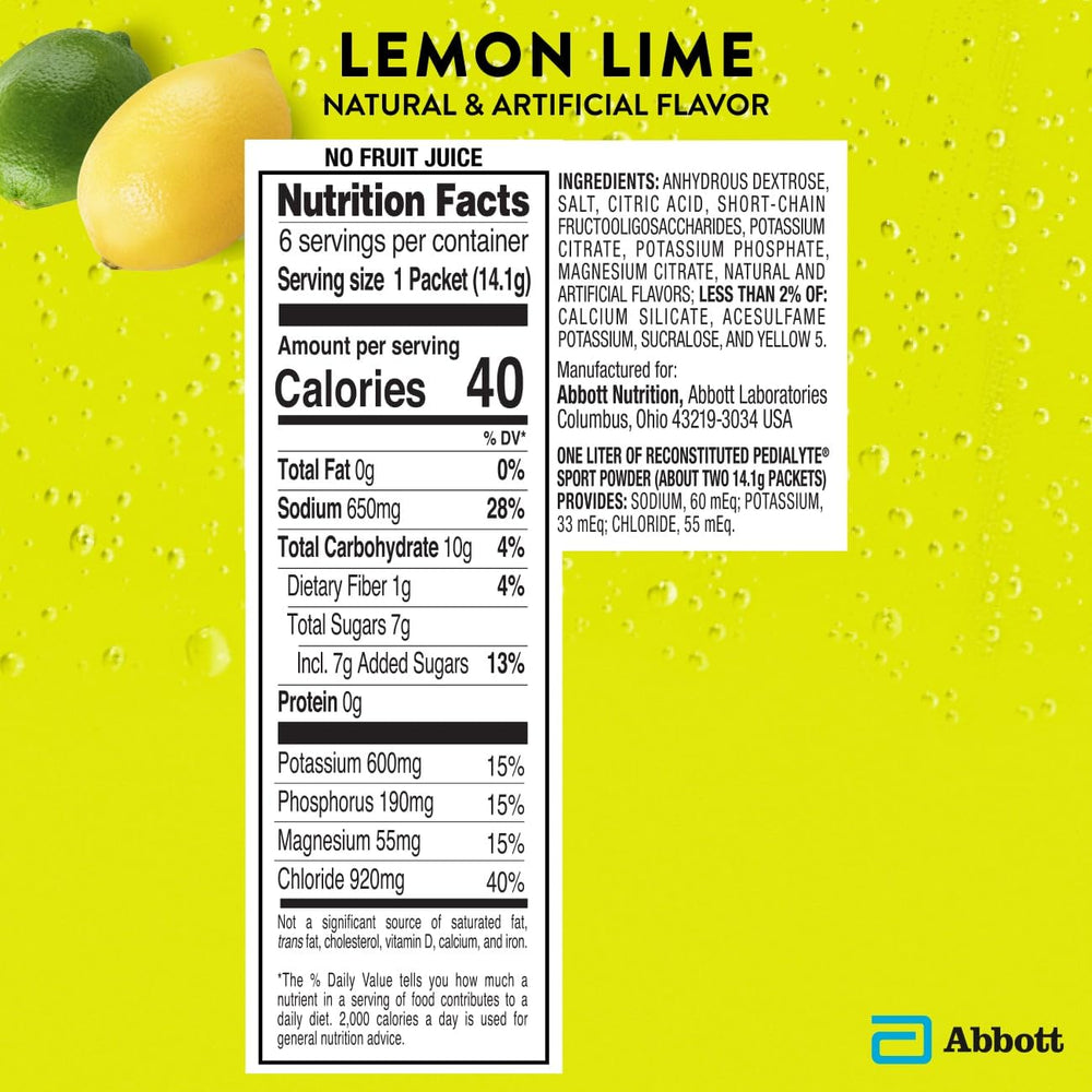 Five-electrolyte blend shown for Pedialyte Sport hydration.