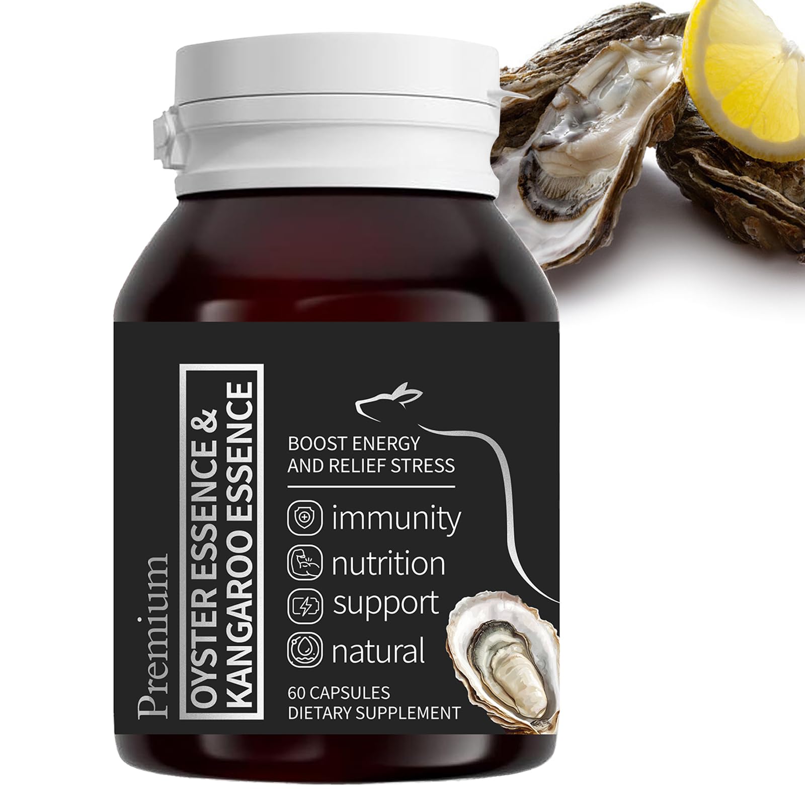 Peehss Oyster Extract Capsules bottle showing eco-friendly packaging and energy support