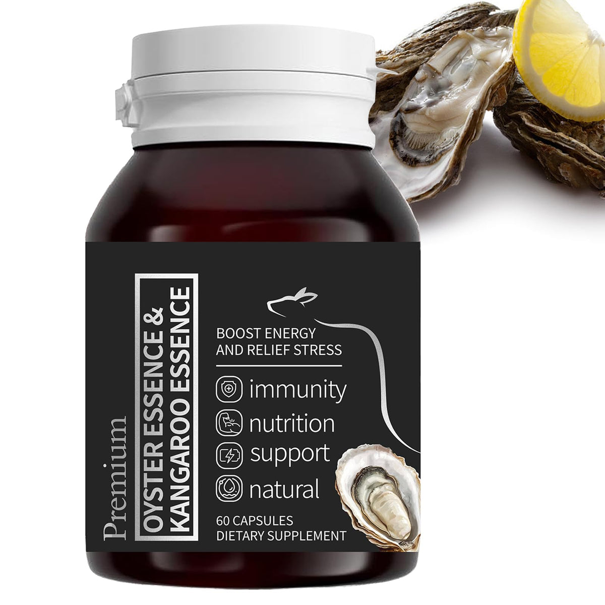 Peehss Oyster Extract Capsules bottle showing eco-friendly packaging and energy support