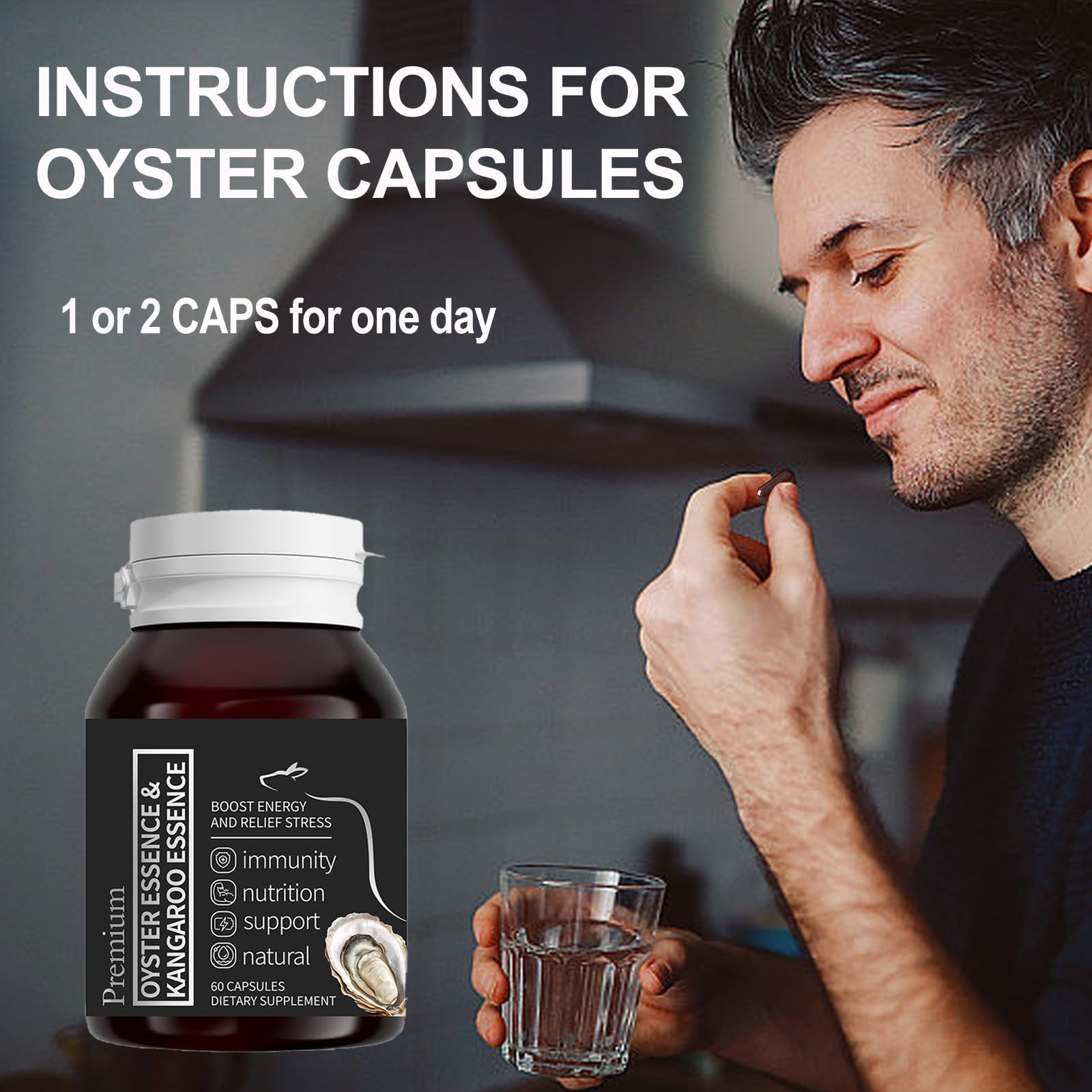 Peehss Oyster Extract Capsules label explains dosage and daily use