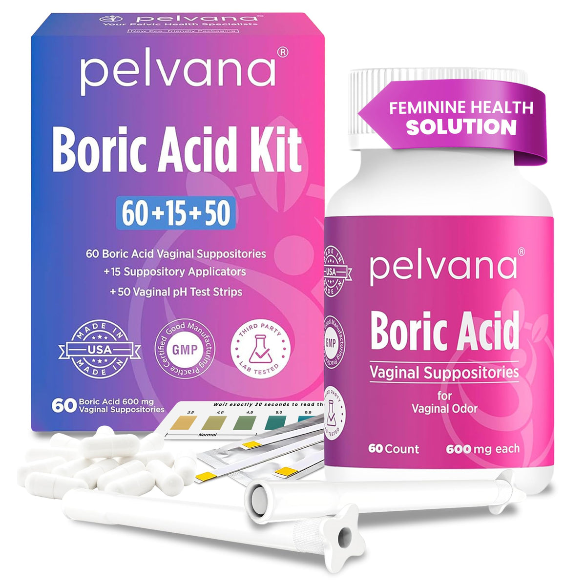 Pelvana boric acid suppositories packaging, discreet vaginal wellness option.