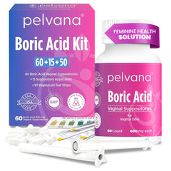 Pelvana boric acid suppositories packaging, discreet vaginal wellness option.