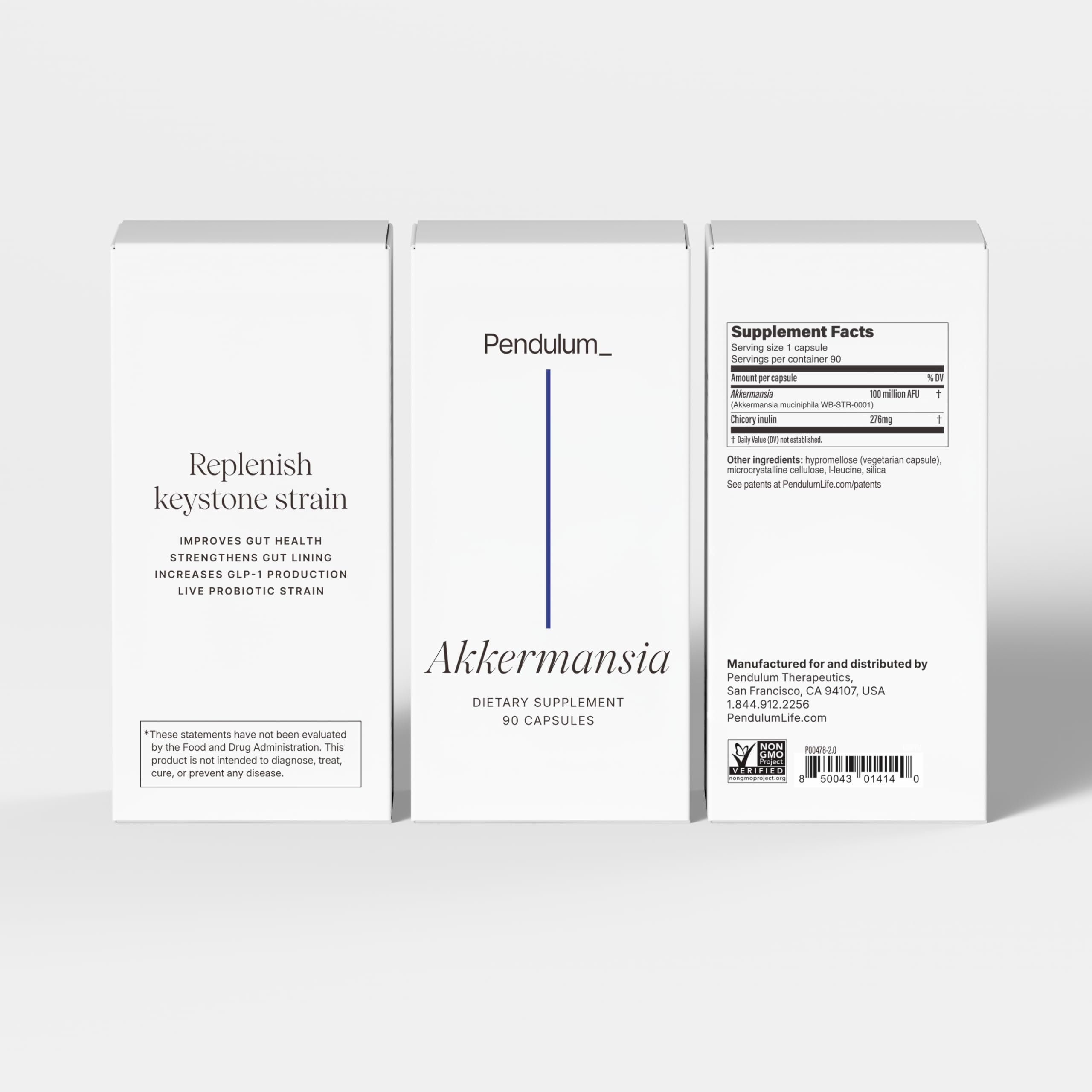 Graphic illustrating Pendulum Akkermansia prebiotic fiber and delayed release benefits