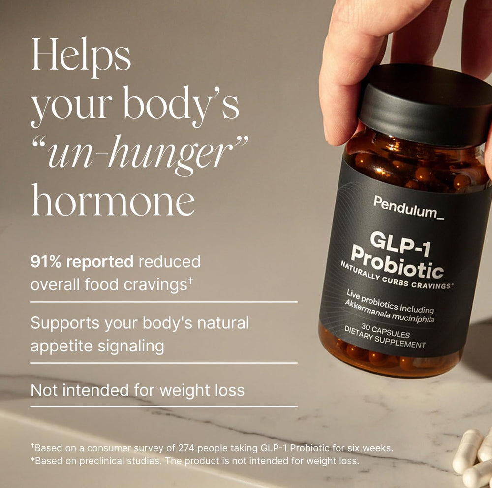 Pendulum GLP-1 Probiotic capsules closeup highlighting targeted strains for craving support.