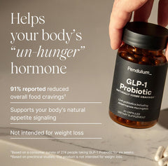 Pendulum GLP-1 Probiotic capsules closeup highlighting targeted strains for craving support.
