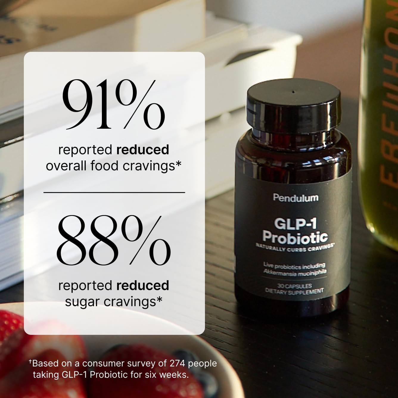 Pendulum GLP-1 Probiotic label detail featuring Akkermansia muciniphila ingredients.