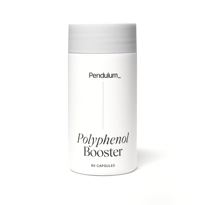 Pendulum Polyphenol Booster bottle shown on a clean kitchen counter for daily gut support.