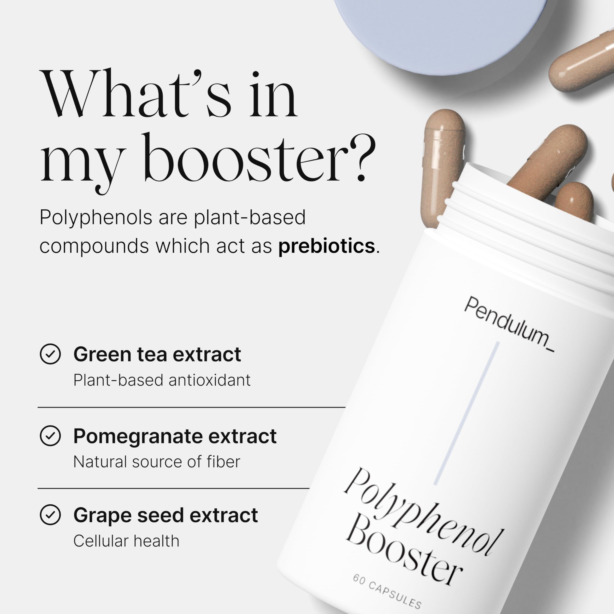 Pendulum Polyphenol Booster with glass of water beside a healthy gut scene.