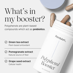 Pendulum Polyphenol Booster with glass of water beside a healthy gut scene.