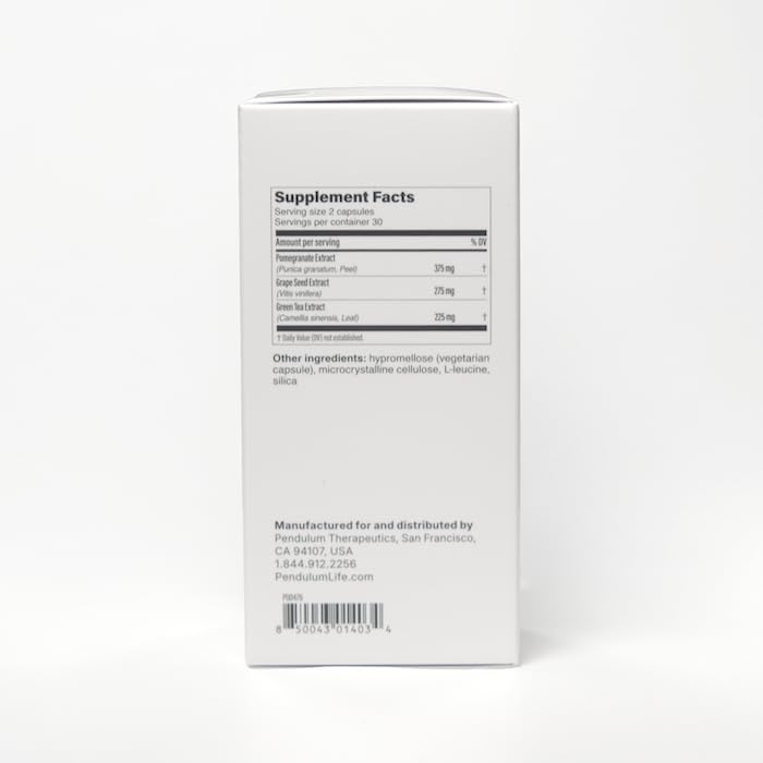 Pendulum Polyphenol Booster glass with capsules displayed for daily use.