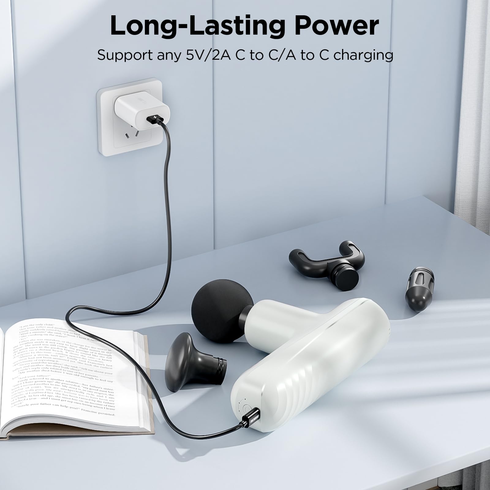PENJOY Mini Massage Gun with four heads offers versatile relief for different muscle groups.