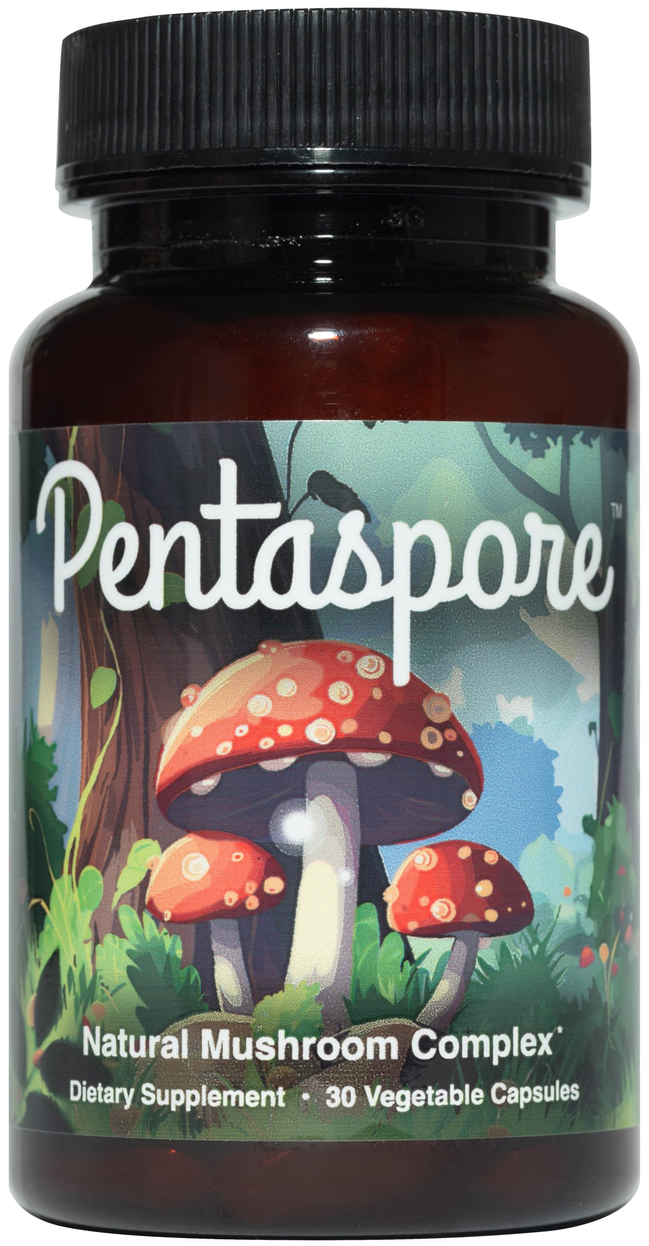 Pentaspore bottle front view with vegan, gluten-free capsules.
