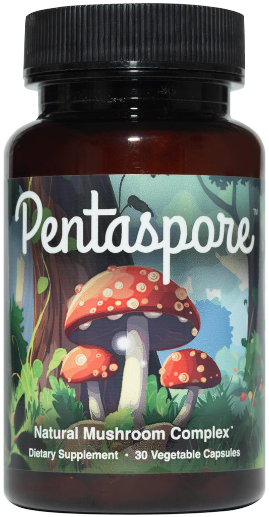 Pentaspore bottle front view with vegan, gluten-free capsules.