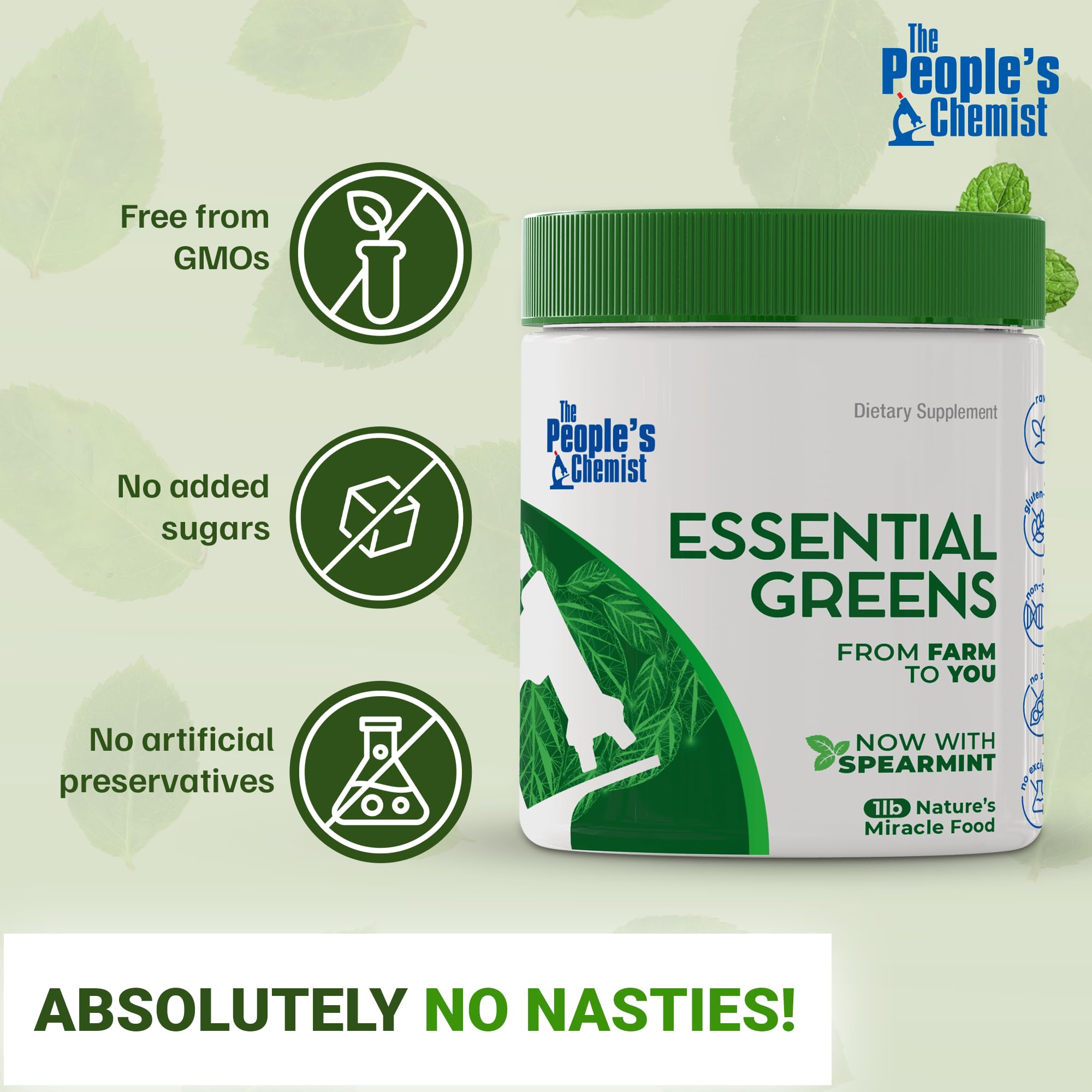 People's Chemist Essential Greens ingredients close-up: moringa, spirulina, beetroot, veggies